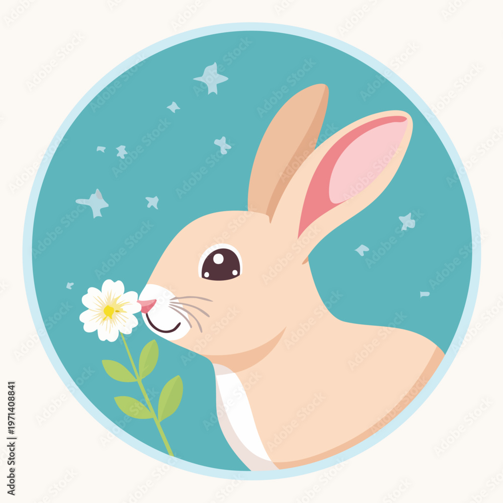 Obraz premium Cute Cartoon Rabbit Sniffing a Flower Illustration