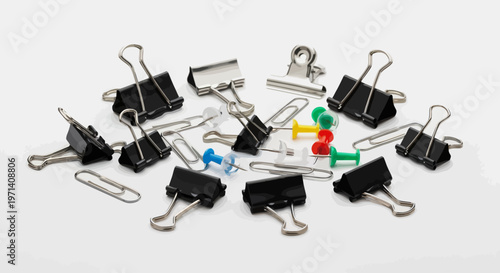Binder clips and paper clips scattered.