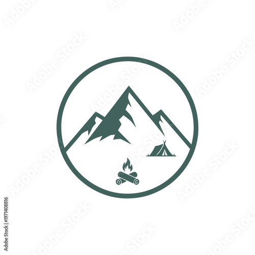 Mountain camping adventure with a campfire and tent icon, symbolizing nature and outdoor recreation