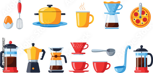 Kitchen and coffee utensils illustration with French press, moka pot, teapot, cups, whisk, ladle, cooking pot, pizza, steaming mug, pour‑over