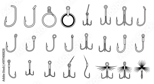 Collection of various metal fishing hooks.