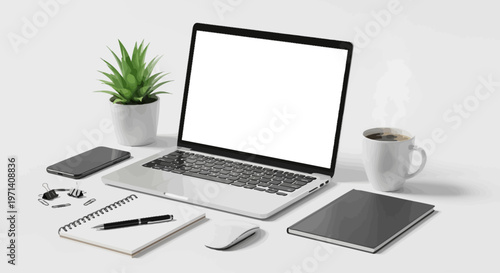 Modern Laptop and Office Essentials on a Clean White Desk.