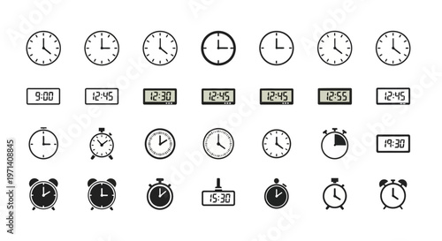 Collection of various clock and time icons in a minimalist style.