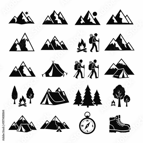 Diverse black and white sharp mountain and outdoor activity icons collection, featuring peaks, hikers, tents, and exploration symbols for adventure travel designs