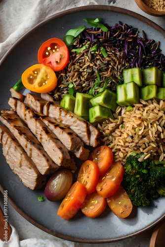 High protein vegan plate shown from overhead with seitan vegetables rice clean style