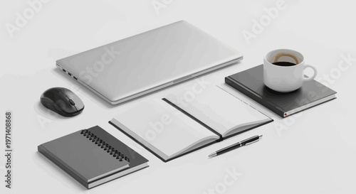 Modern workspace with laptop, notebooks, mouse, and coffee cup.