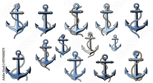 Collection of Various Nautical Anchors with Ropes.