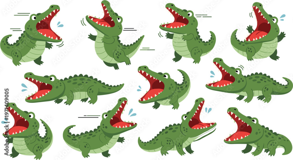 Obraz premium Cute cartoon crocodile collection with funny poses, open mouth expressions and playful alligator characters isolated on white background