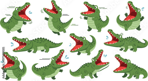 Cute cartoon crocodile collection with funny poses, open mouth expressions and playful alligator characters isolated on white background