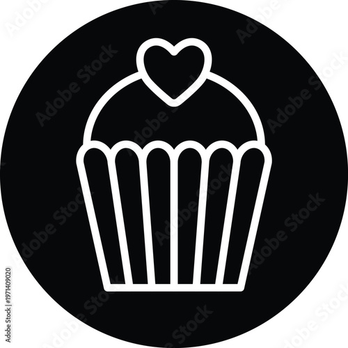 Valentine heart cupcake icon white line art on black circle background vector digital asset