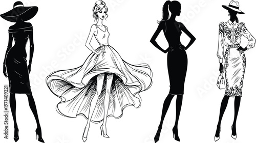 Elegant monochrome fashion illustration featuring four stylish women in dresses and hats, runway sketch silhouettes isolated on white background art