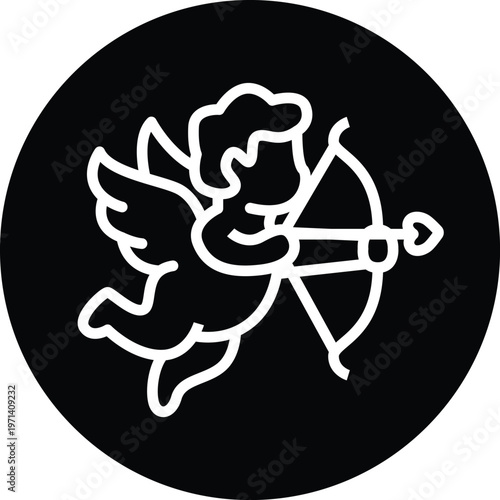 Cupid angel character icon white line art on black circle background vector visual design