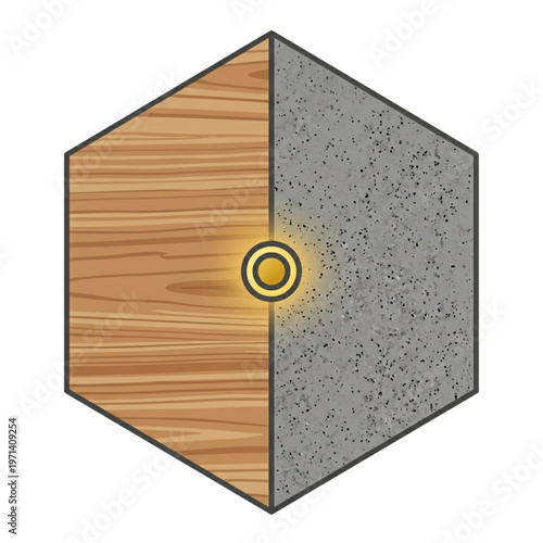 Modern Modular Isometric Concept, Interlocking Wood and Concrete Hexagonal Blocks with Golden Network Accents, Abstract Geometric Symbol for Team Collaboration and Scalable Infrastructure