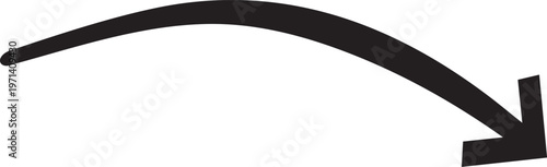Curved black arrow pointing down simple vector graphic for direction or progress on white background
