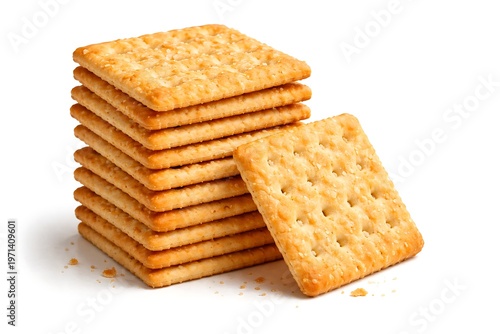 Stack of golden rectangular crackers with crumbly edges on white background