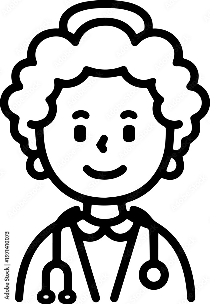 Fototapeta premium Hand Drawn Elderly Female Doctor Black and White Illustration in Minimal Line Art Style Design