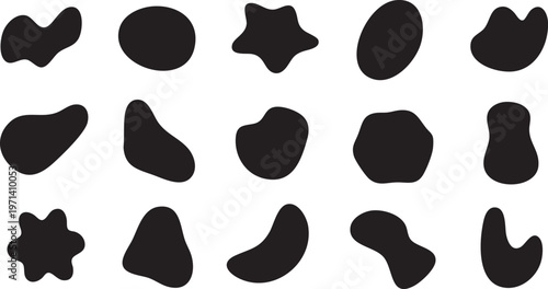 Collection of abstract organic blob shapes irregular fluid forms in black isolated on white background for graphic design elements