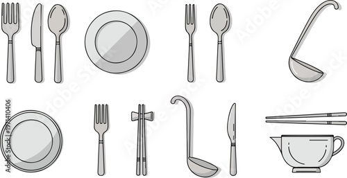Collection of kitchen utensils including forks, spoons, knives, plates, and chopsticks