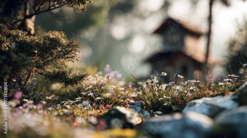 Serene garden scene with delicate wildflowers and a rustic wooden cottage in the background