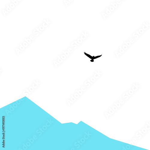 Minimalist silhouette of a bird of prey soaring freely above abstract blue mountains under a clear sky, representing freedom and nature.