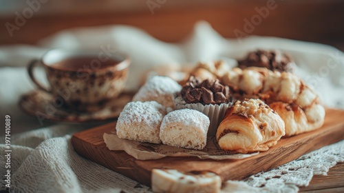 Assorted pastries served on wooden board with teacup in gentle light