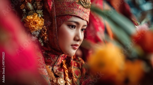 A young woman in traditional Malay wedding attire, focused on a cultural celebration