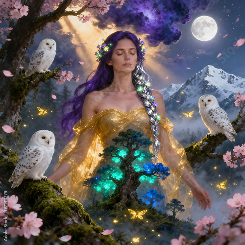 A mystical woman in a golden dress surrounded by owls and flowers under a moonlit sky