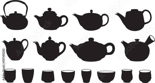 Collection of black teapot and teacup silhouettes traditional Asian ceramic drinkware icons for culinary and beverage design isolated on white background