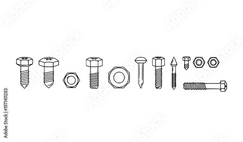 Minimal fastener line icons with bolts screws nuts and hardware elements editable stroke vector for engineering and UI design