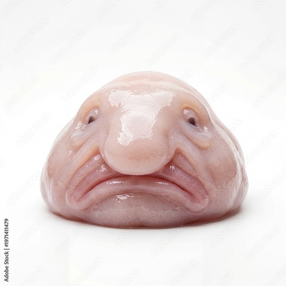 Fototapeta premium A close-up view of a pink blobfish head with a unique facial expression on a white background
