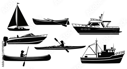 Collection of Diverse Watercraft Silhouettes for Nautical Themes.