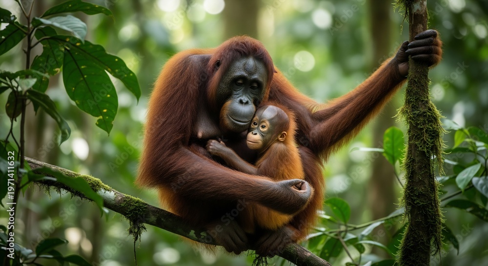 Obraz premium An Intimate Bond: Wild Orangutan Mother and Baby Embracing on a Branch in Their Natural Habitat