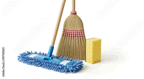 Essential cleaning tools - broom, mop, and sponge for household chores.
