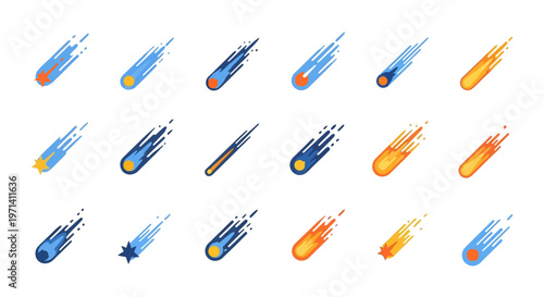 Set of colorful meteor and comet icons with fiery tails.