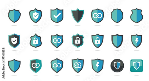 Collection of various shield icons representing security and protection concepts.
