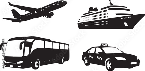 tourism transport airplane cruise ship bus taxi silhouette set black vector