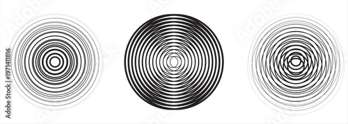 Black concentric circle set. Sonar or sound wave ring collection. Dotted and linear epicentre, target, radar icon concept. Ripple radial signal or vibration elements.