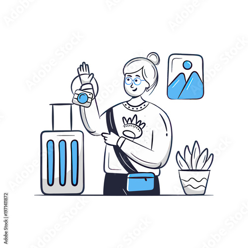 Smiling Female Traveler Waving with Camera and Luggage, Ready for Vacation or Adventure Trip Illustration