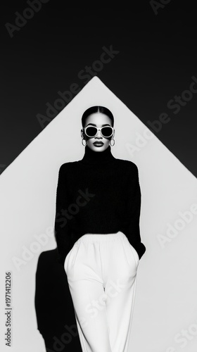 Stylish Woman in Monochrome Fashion with Sunglasses and Minimalist Background