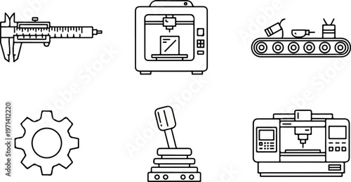 Industrial tools and machinery icons including caliper, 3D printer, gear, and control systems for production and manufacturing