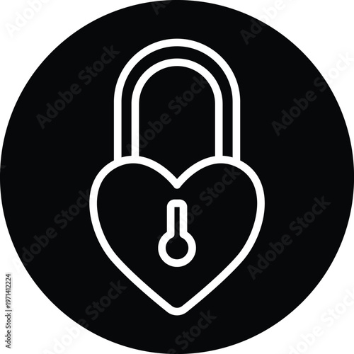 Valentine heart lock icon white line art on black circle background vector design asset