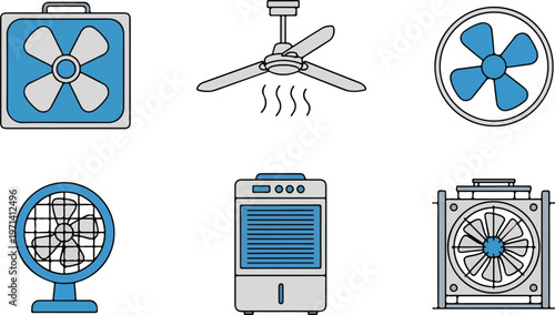 Collection of cooling devices including fan, air conditioner, and air cooler icons for home and office use