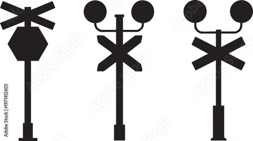 Collection of black railroad crossing signal silhouettes representing safety and transportation isolated on a white background for graphic design