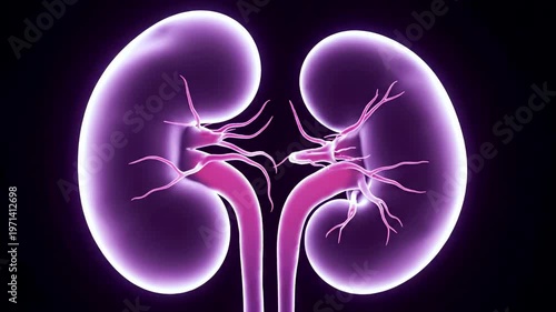 A detailed illustration of two purple kidneys with a pink vascular structure against a black background