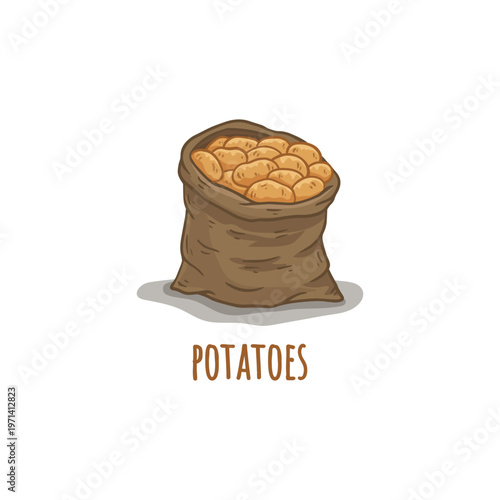 Hand drawn sack of potatoes. Potato in sketch style for packaging and prints, for store. Engraved farm potatoes in burlap sack, bunch. Harvested root crops. Food vector illustration