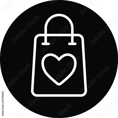Valentine shopping bag icon white line art on black circle background vector minimal icon