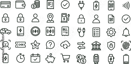Electric vehicle charging payment security workflow outline icon set featuring authentication billing connectivity dashboard interface symbols platform