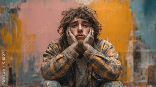 Thoughtful artist with messy hands posing against colorful backdrop