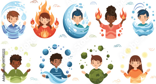Cute children characters with water and fire elements powers fantasy kids illustration set featuring elemental magic for education, storytelling, animation, and creative design use.