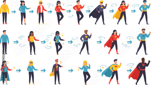 People transforming into superheroes sequence concept with character evolution steps showing ordinary individuals becoming heroes for animation, storytelling, comic, and creative design projects.